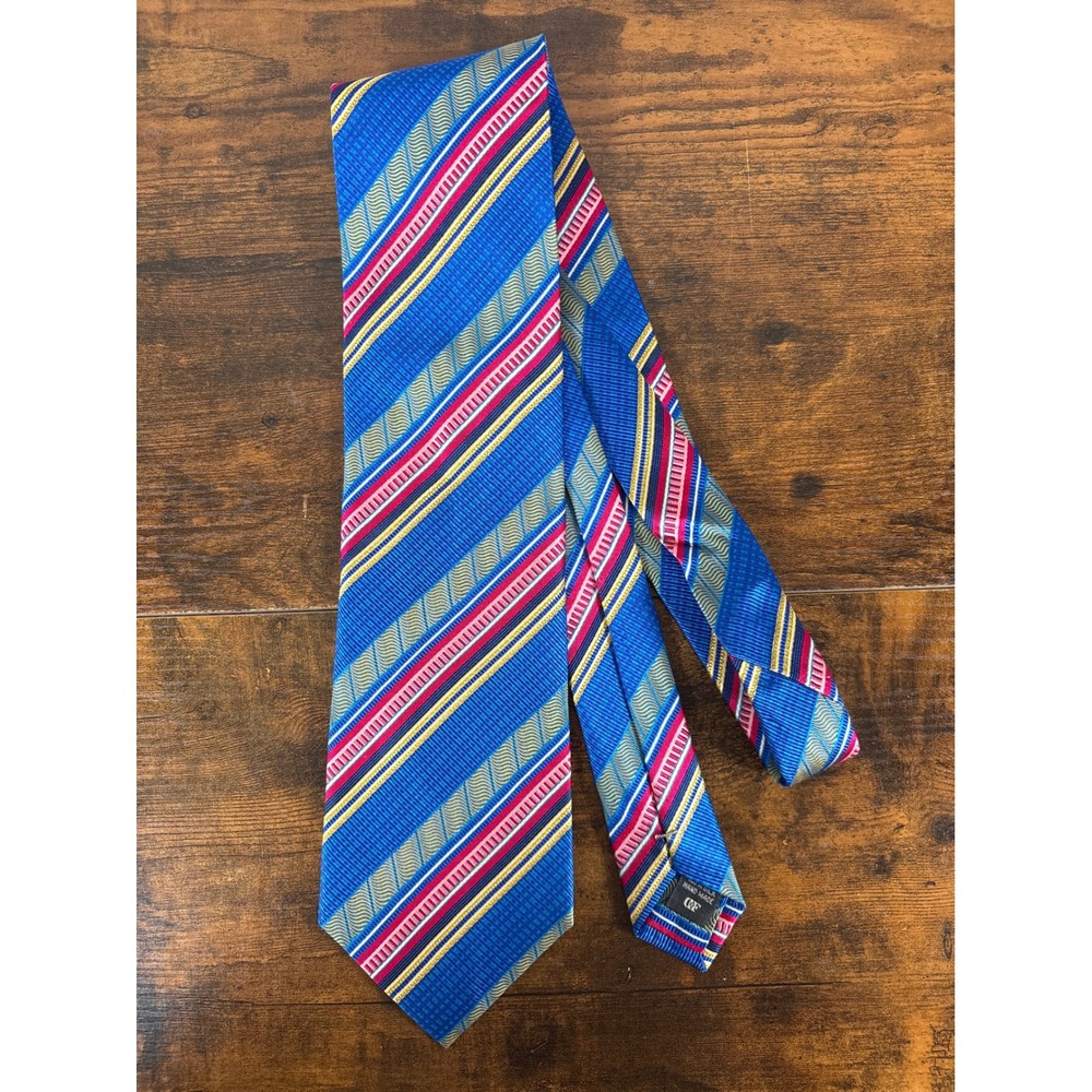 Daniel De Fasson Mens Blue Red Gold Multi Stripe 100% Silk Hand Made Necktie